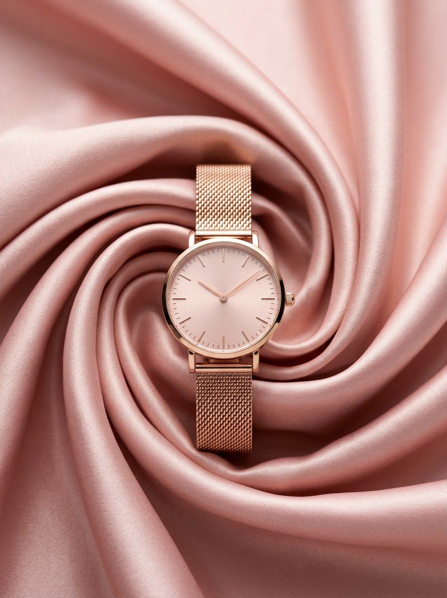Rose Gold Watch on Blush Pink Satin — Jewellery AI image prompt example generated with Gemini (luxury, watch)