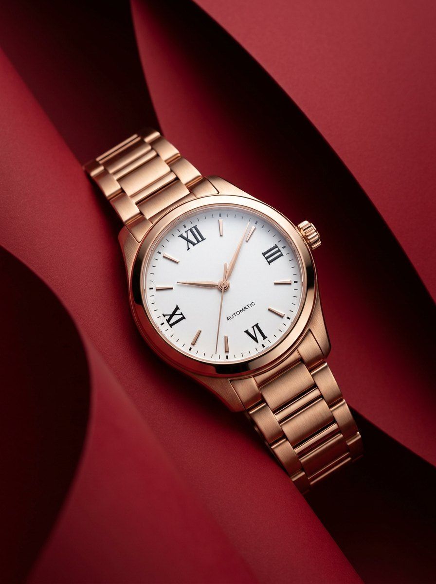 Rose Gold Watch in Crimson Layers — Jewellery AI image prompt example generated with Gemini (luxury, watch)