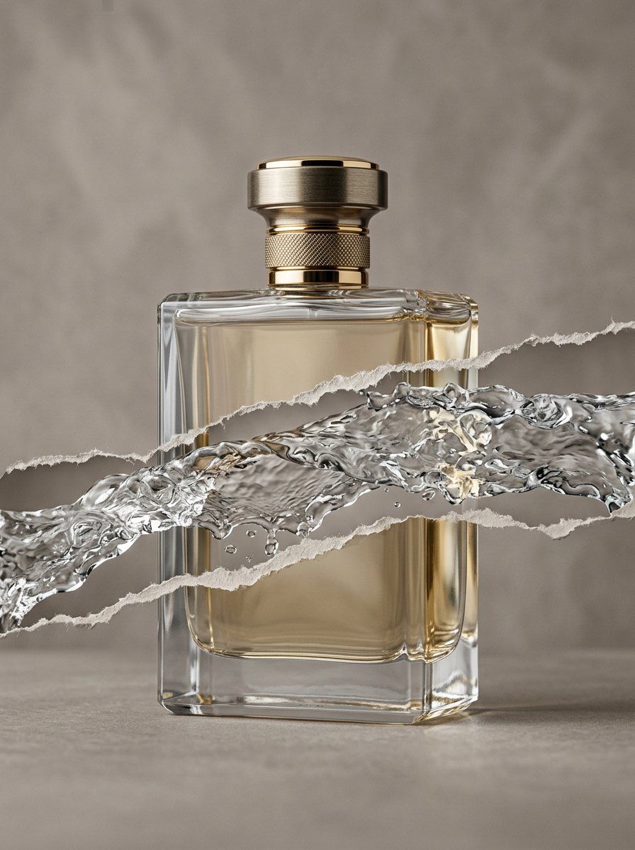 Torn Paper Water Bridge Fragrance Concept — Perfume AI image prompt example generated with Nano Banana (conceptual, advertising)