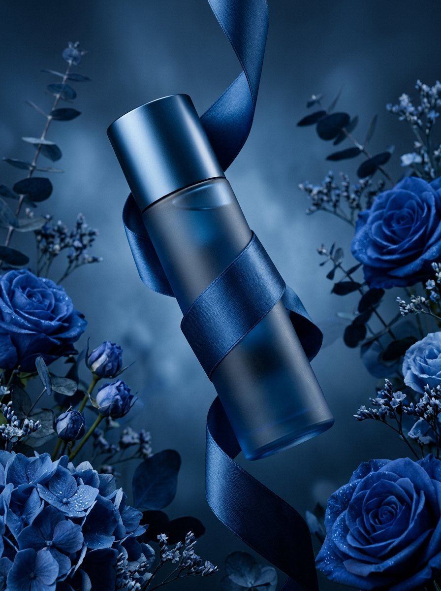 Levitating Blue Cosmetic Bottle — Cosmetics AI image prompt example generated with Gemini (levitation, monochrome)