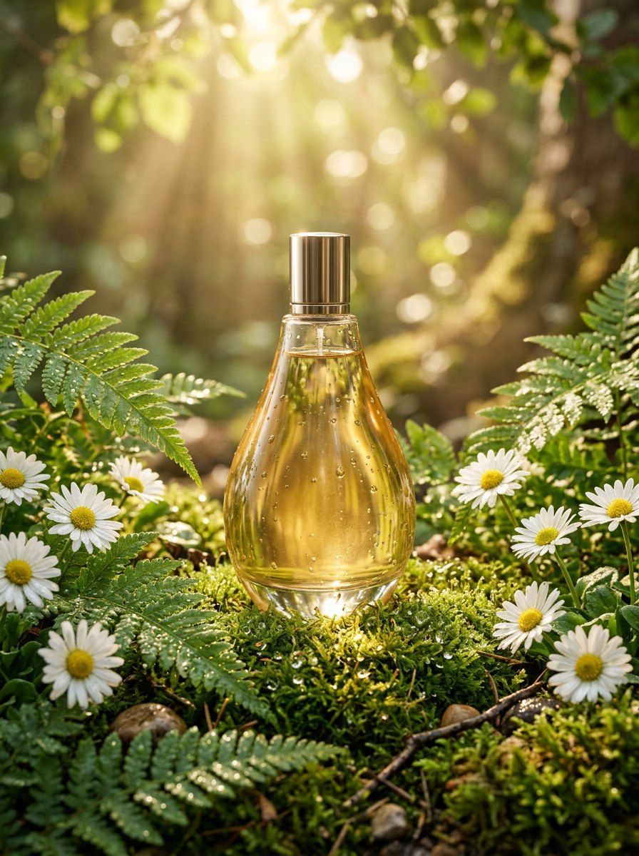 Golden Teardrop Perfume on Moss — Perfume AI image prompt example generated with Midjourney (ethereal, golden)