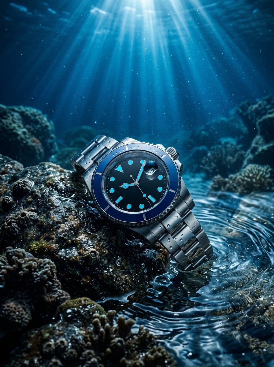 Underwater Luxury Diver Watch — Product AI image prompt example generated with Nano Banana (underwater, dramatic)