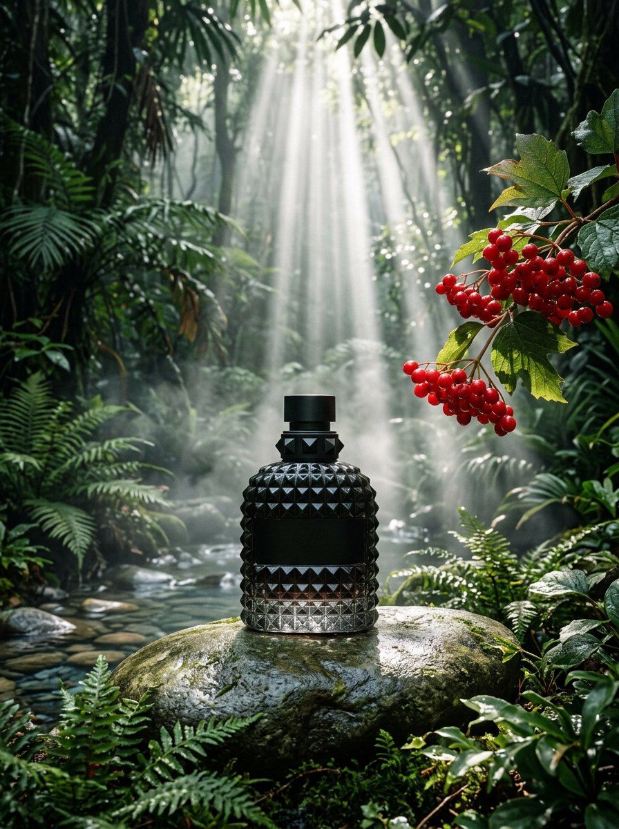 Studded Perfume Bottle in Misty Jungle — Perfume AI image prompt example generated with ChatGPT (god-rays, jungle)