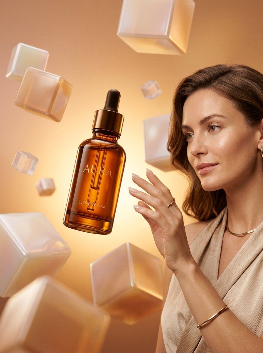 Floating Amber Serum Cosmetic Campaign — Cosmetics AI image prompt example generated with Nano Banana (cosmetics, floating)