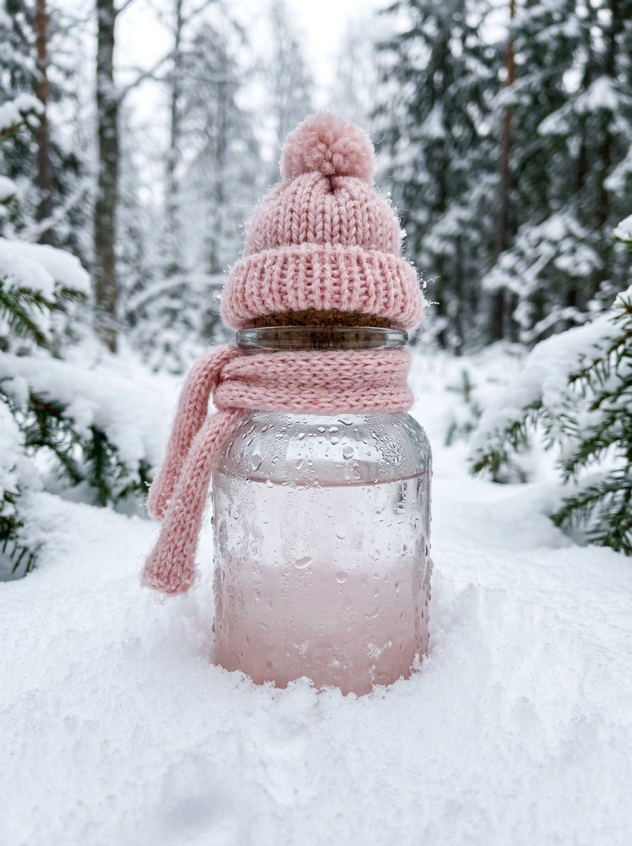 Product in Mini Pink Beanie and Scarf — Cosmetics AI image prompt example generated with Nano Banana (winter, knitwear)