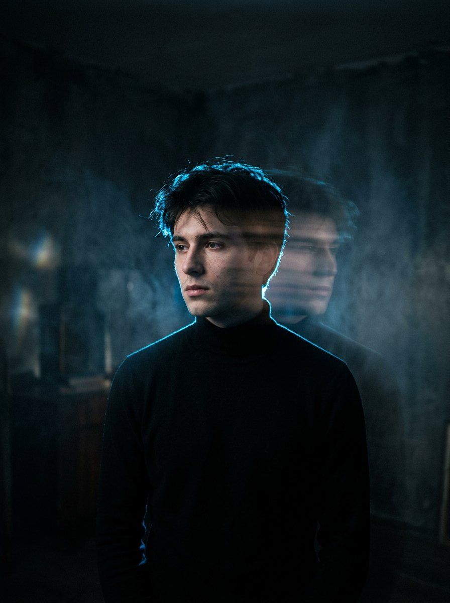 Neon Blue Motion Blur Low-Key Portrait — Portrait AI image prompt example generated with Gemini (low key, blue lighting)