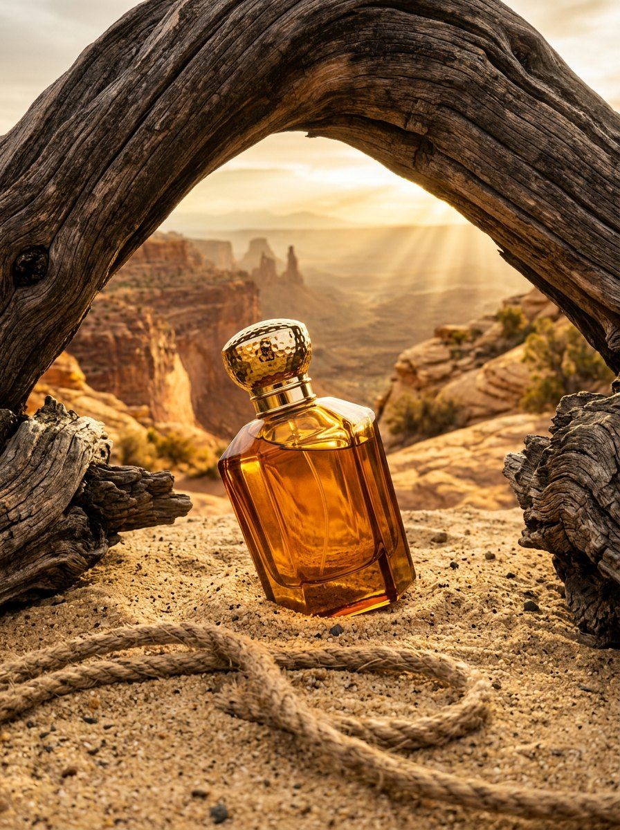 Rustic Wooden Arch Perfume Showcase — Perfume AI image prompt example generated with ChatGPT (rustic, canyon)