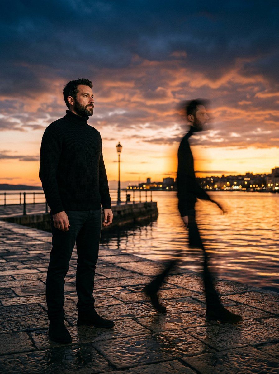 Sunset Promenade Ghost Motion Portrait — Cinematic AI image prompt example generated with Gemini (cinematic, motion blur)