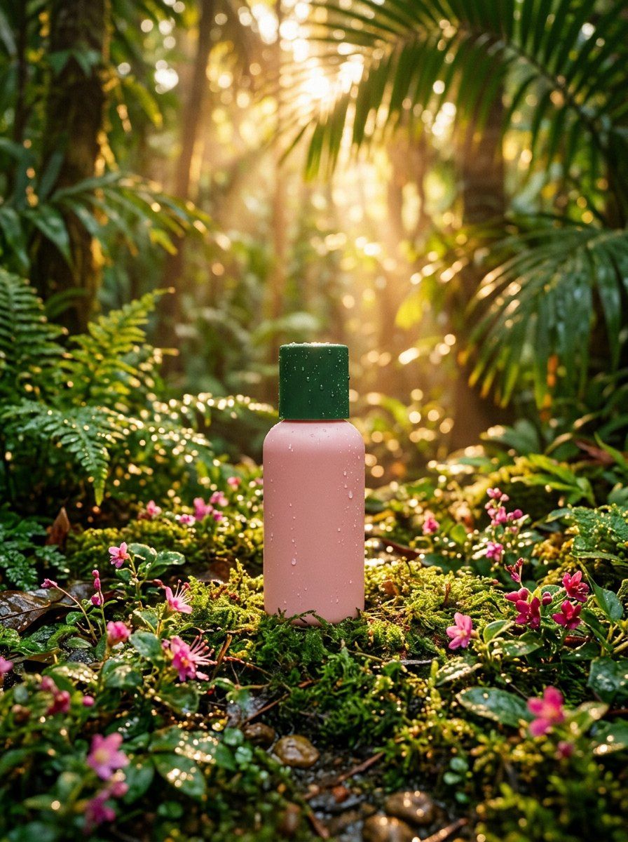 Matte Skincare Bottle in Jungle Sunbeams — Cosmetics AI image prompt example generated with Gemini (god-rays, botanical)