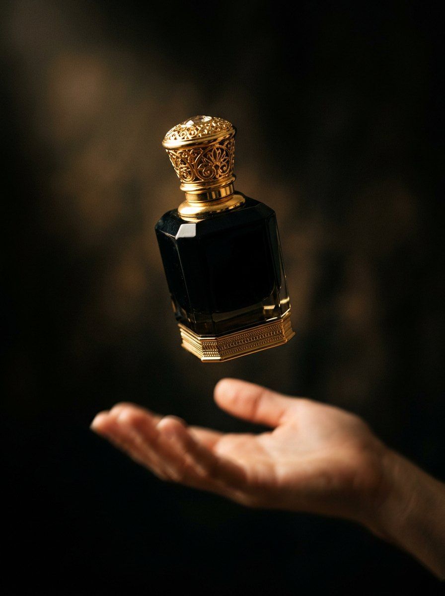 Floating Levitating Perfume Bottle — Perfume AI image prompt example generated with ChatGPT (levitation, luxury-perfume)