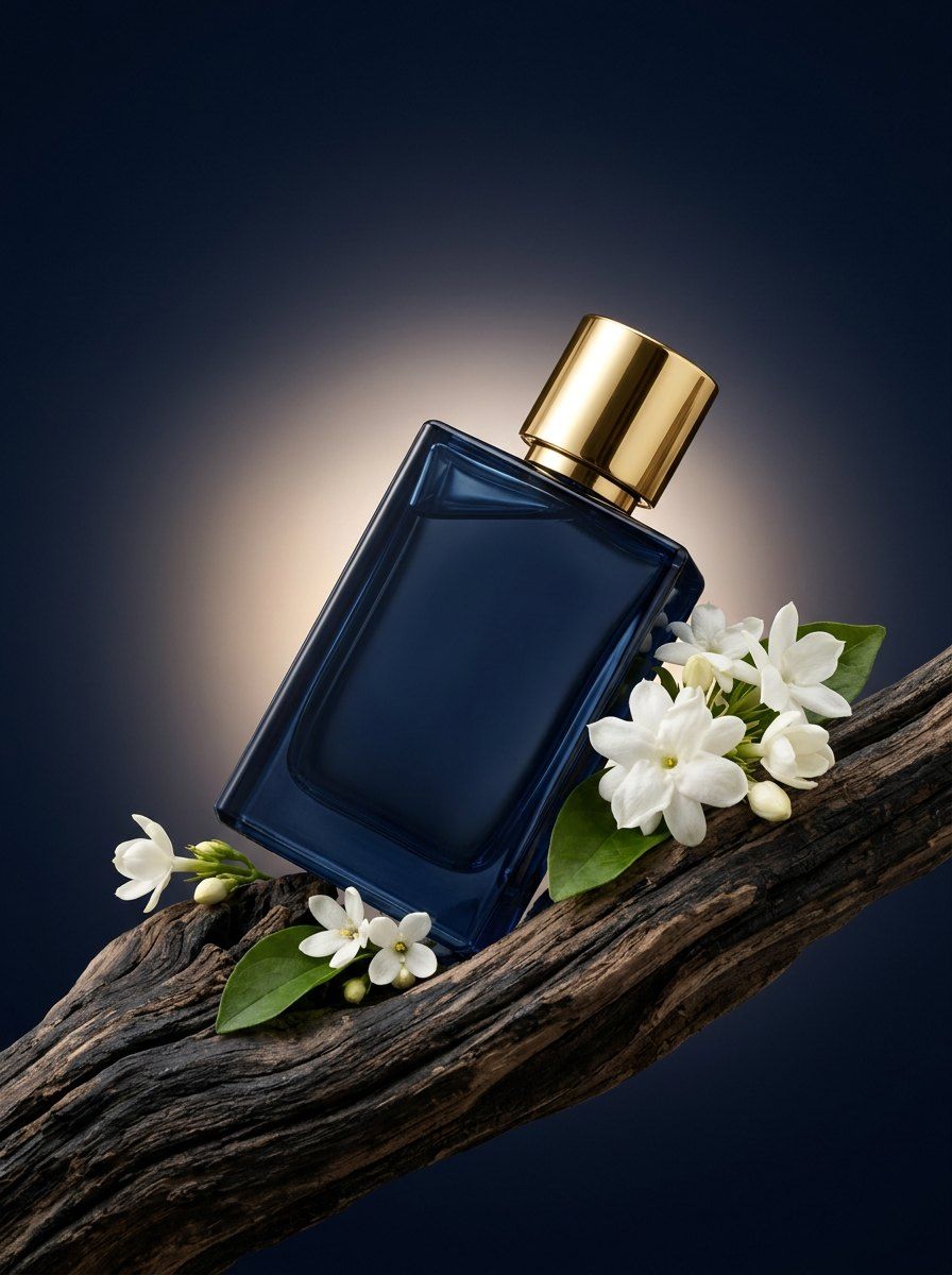 Floating Blue Oud Perfume Bottle — Perfume AI image prompt example generated with ChatGPT (zero-gravity, driftwood)