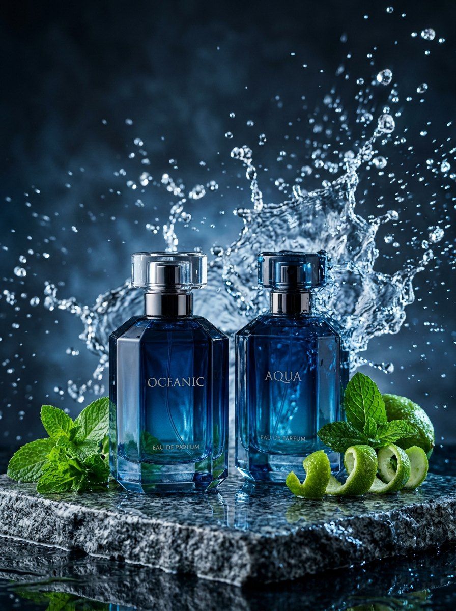 Dual Blue Perfume Splash Photography — Perfume AI image prompt example generated with Gemini (perfume, water splash)