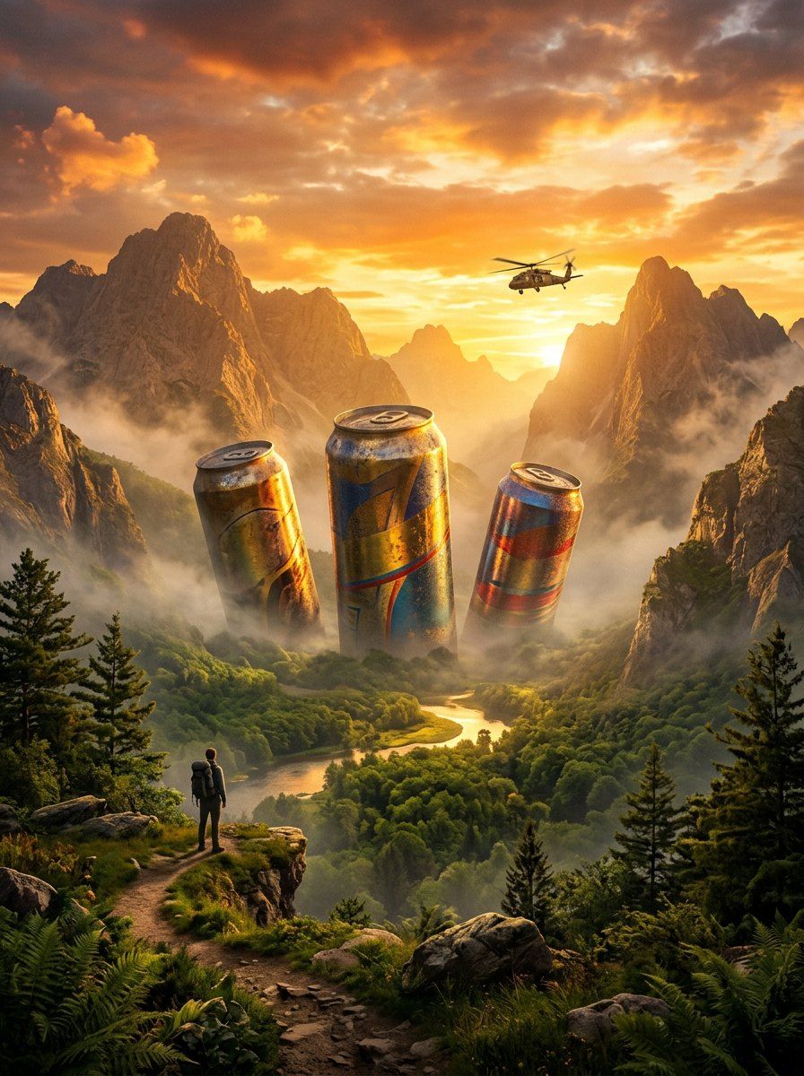 Surreal Giant Energy Drink Valley — Food & Drink AI image prompt example generated with ChatGPT (surreal, fantasy)