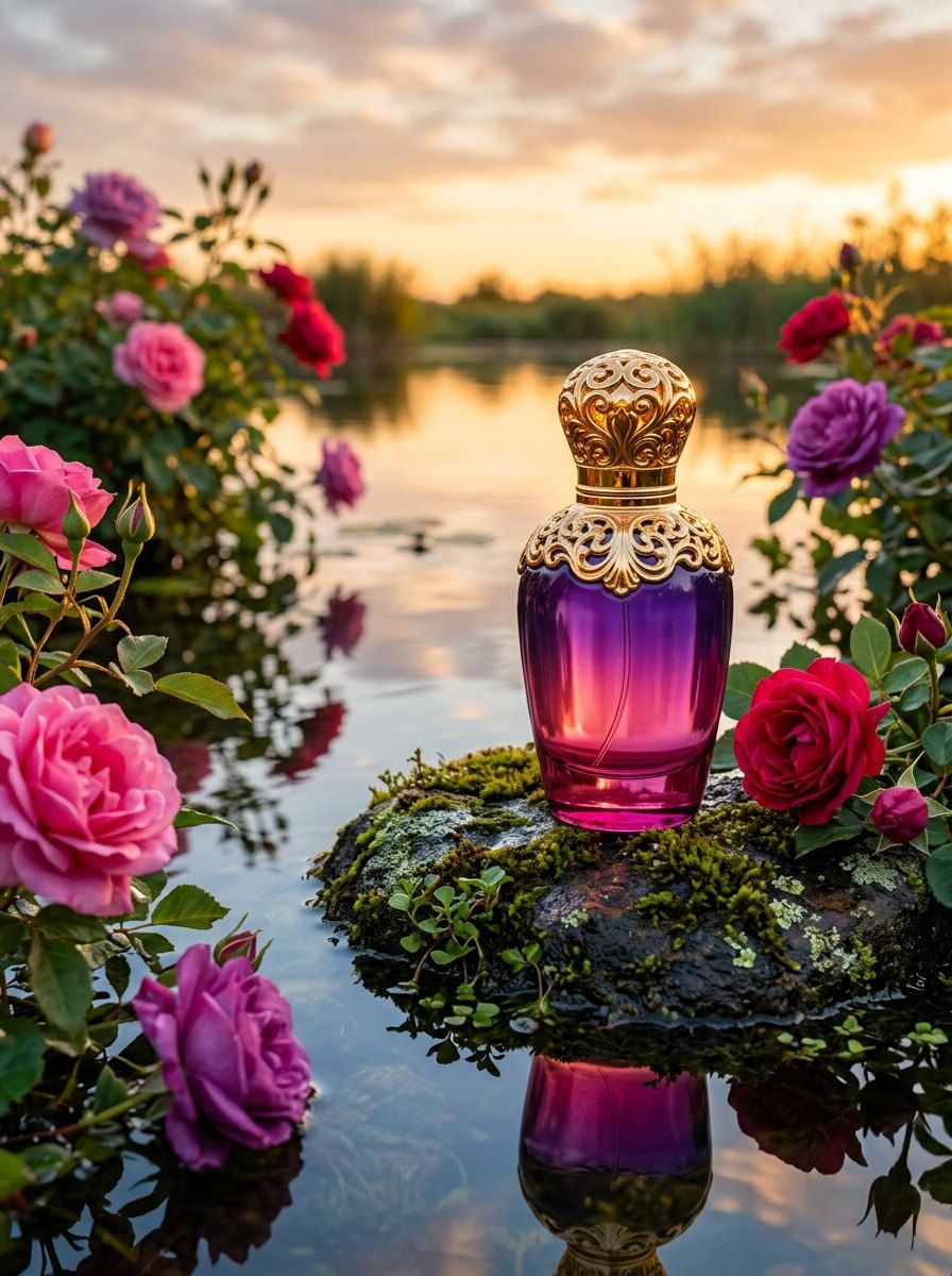 Luxury Magenta Perfume in Nature — Perfume AI image prompt example generated with Midjourney (perfume, sunset)