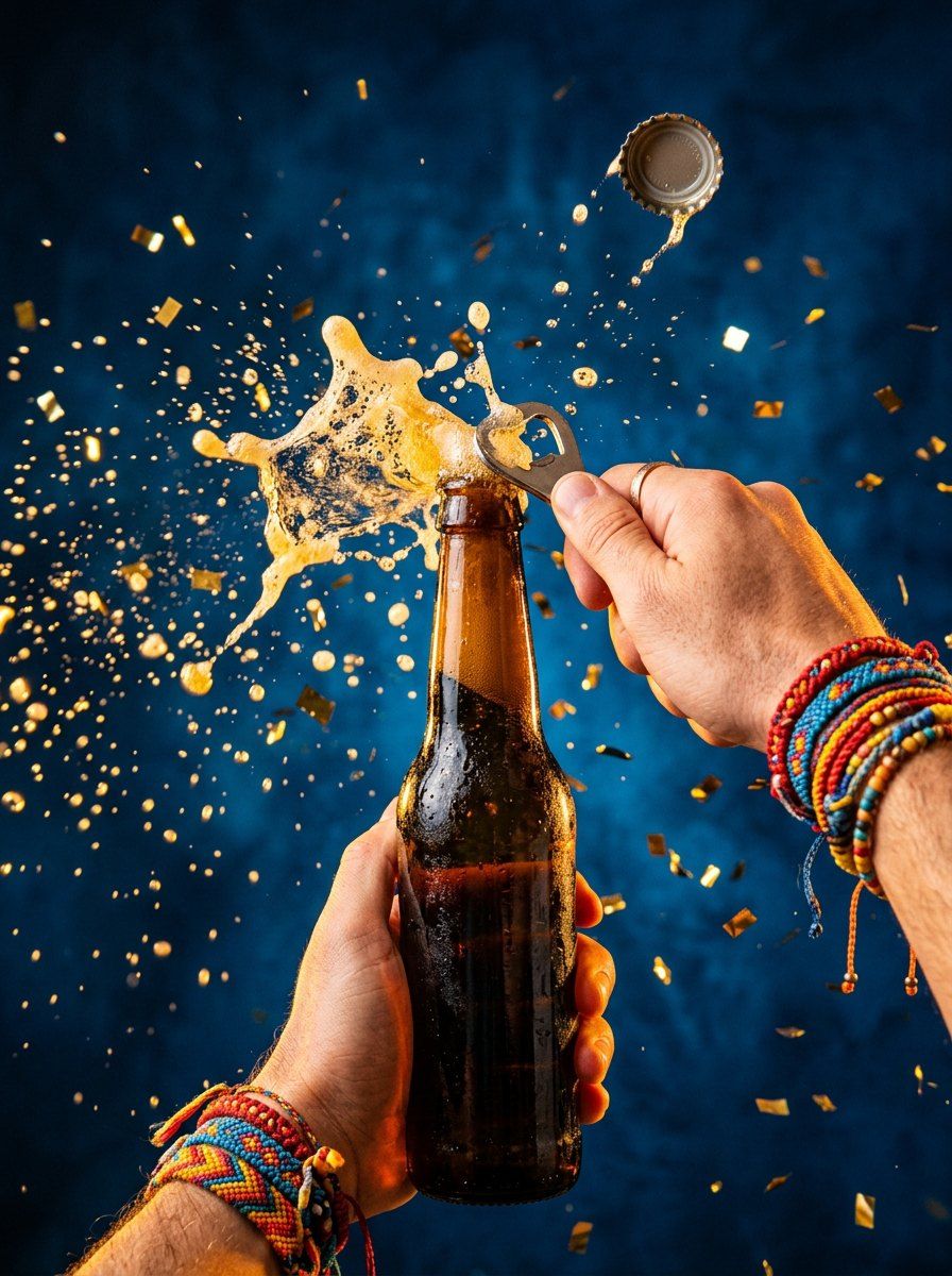 Dynamic Beer Bottle Opening — Food & Drink AI image prompt example generated with ChatGPT (beverage, dynamic)