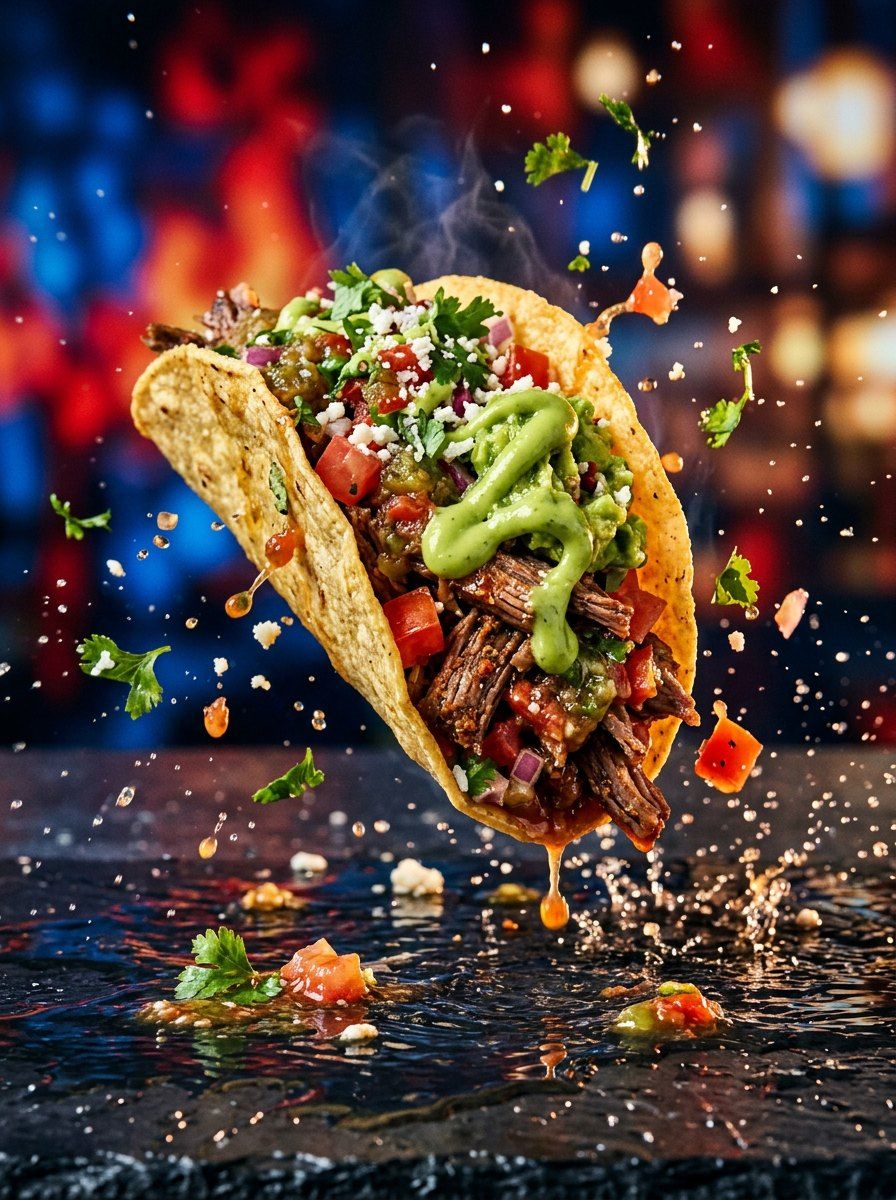 Dynamic Taco Explosion — Food & Drink AI image prompt example generated with Gemini (action shot, taco)