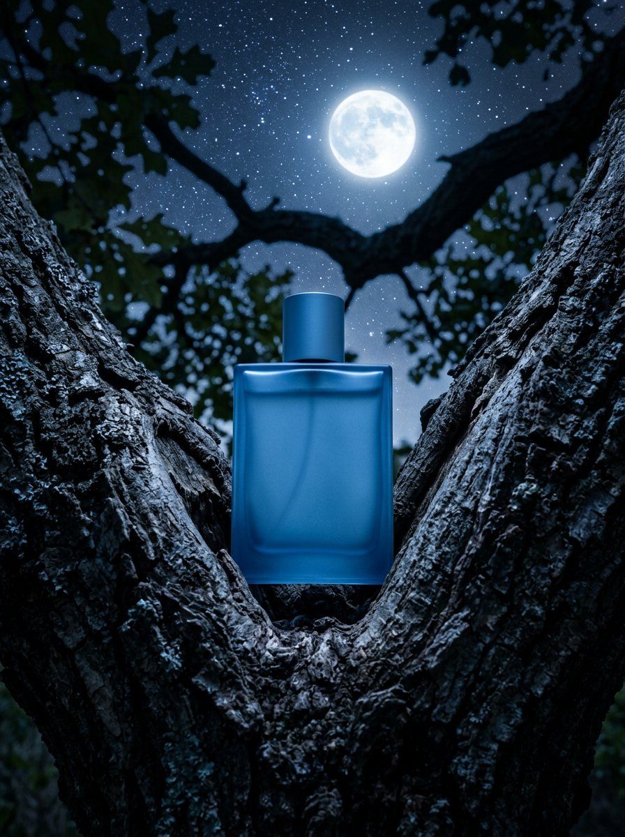 Moonlight Blue Perfume On Wood — Perfume AI image prompt example generated with ChatGPT (moonlight, night-shot)