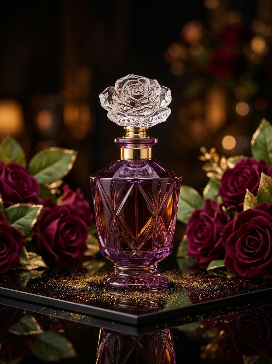 Plum Glass Perfume with Burgundy Roses — Perfume AI image prompt example generated with ChatGPT (luxury, dark-moody)