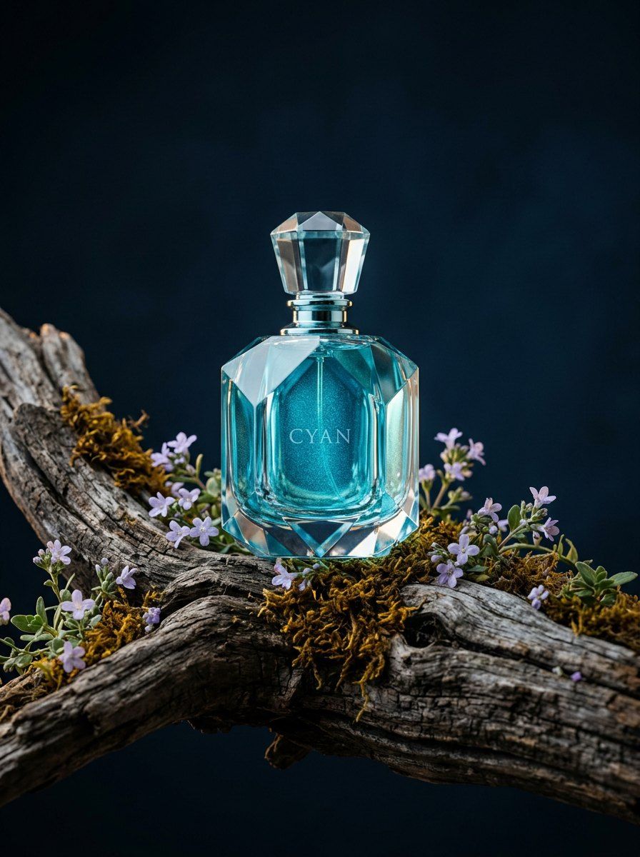 Cyan Perfume on Weathered Driftwood — Perfume AI image prompt example generated with Gemini (perfume, driftwood)