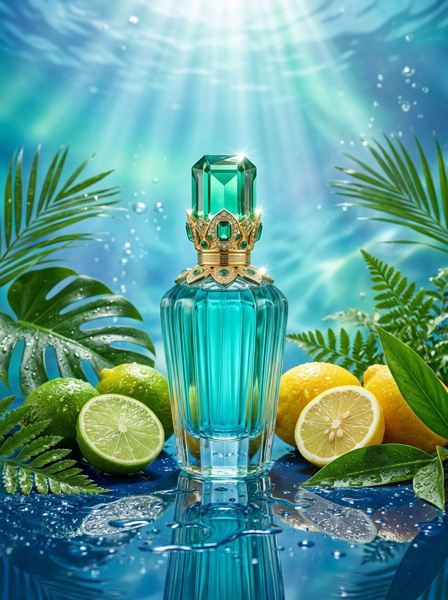 Emerald Citrus Luxury Perfume — Perfume AI image prompt example generated with Midjourney (citrus, aquatic)