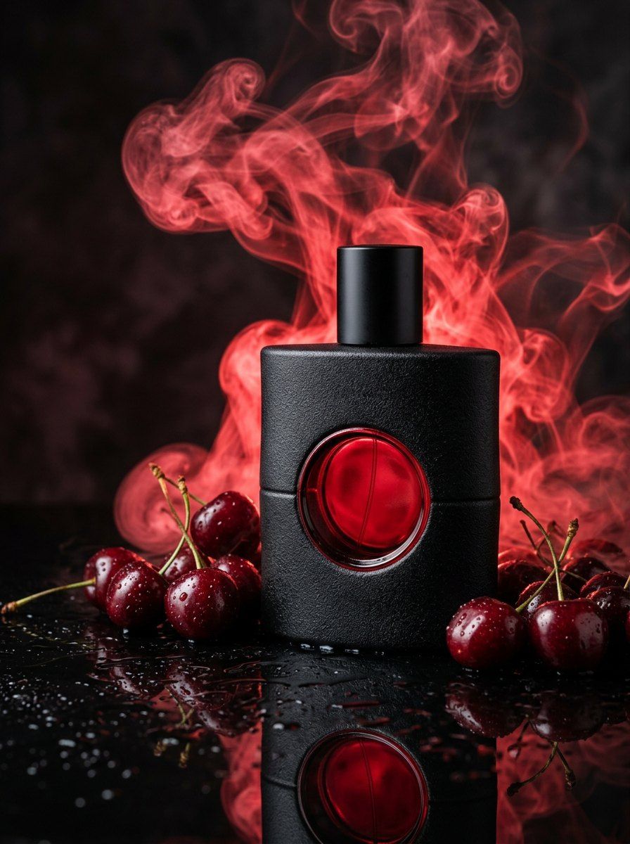 Black & Red Luxury Perfume Display — Perfume AI image prompt example generated with Gemini (dramatic, macro)