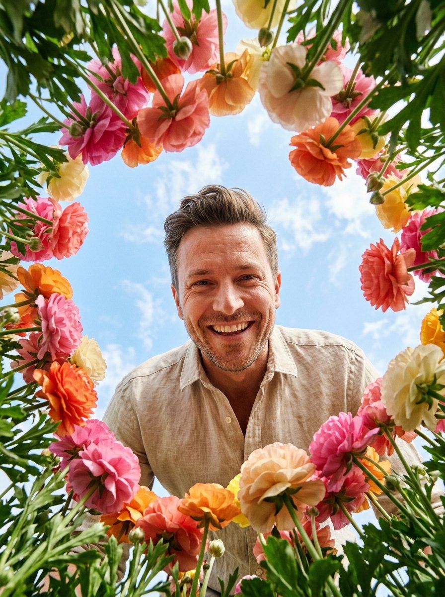 Flower Canopy Worms Eye Portrait — Portrait AI image prompt example generated with Nano Banana (worms-eye, flower-canopy)