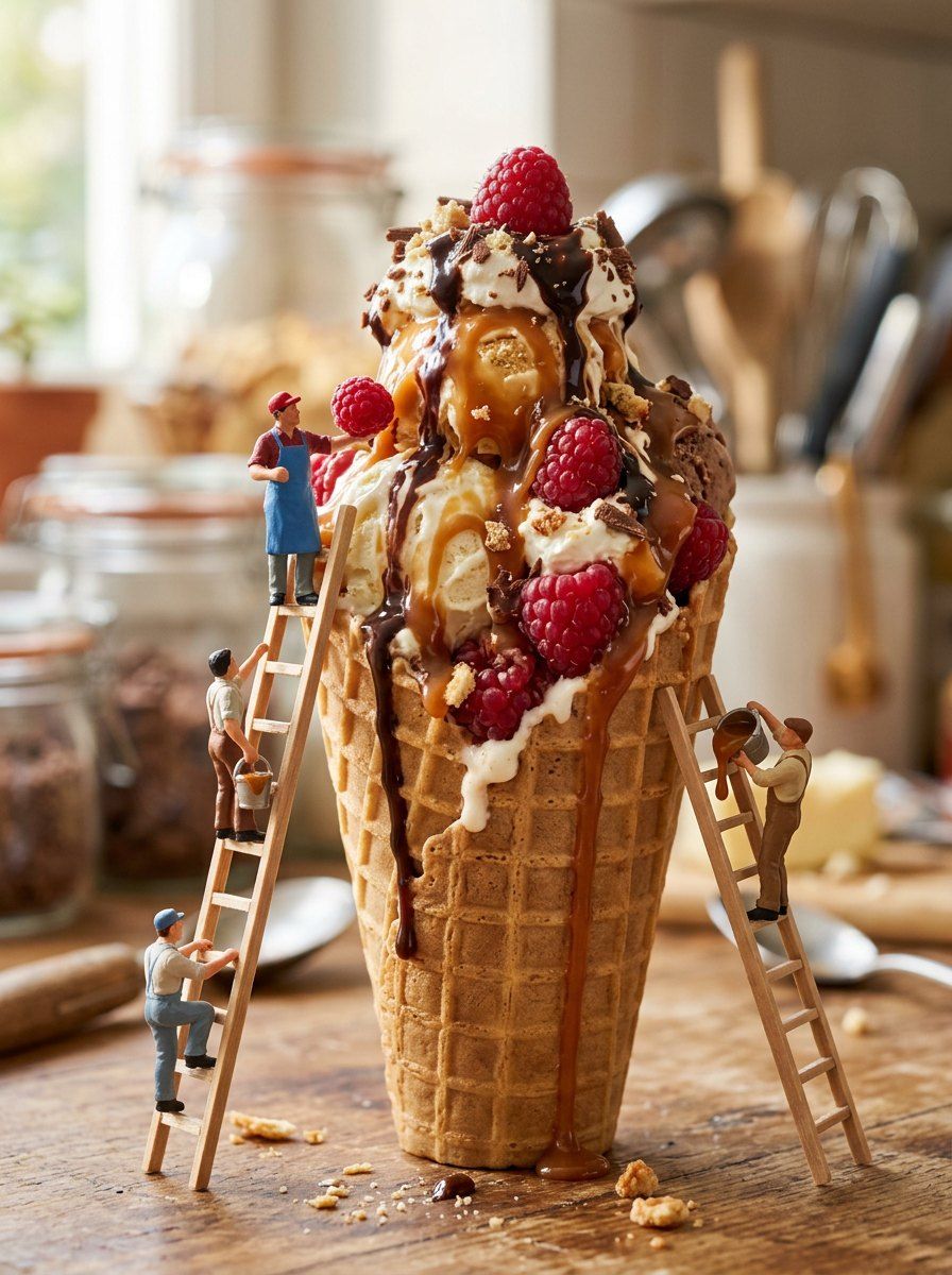Miniature Ice Cream Artisans — Food & Drink AI image prompt example generated with Gemini (macro, miniature)