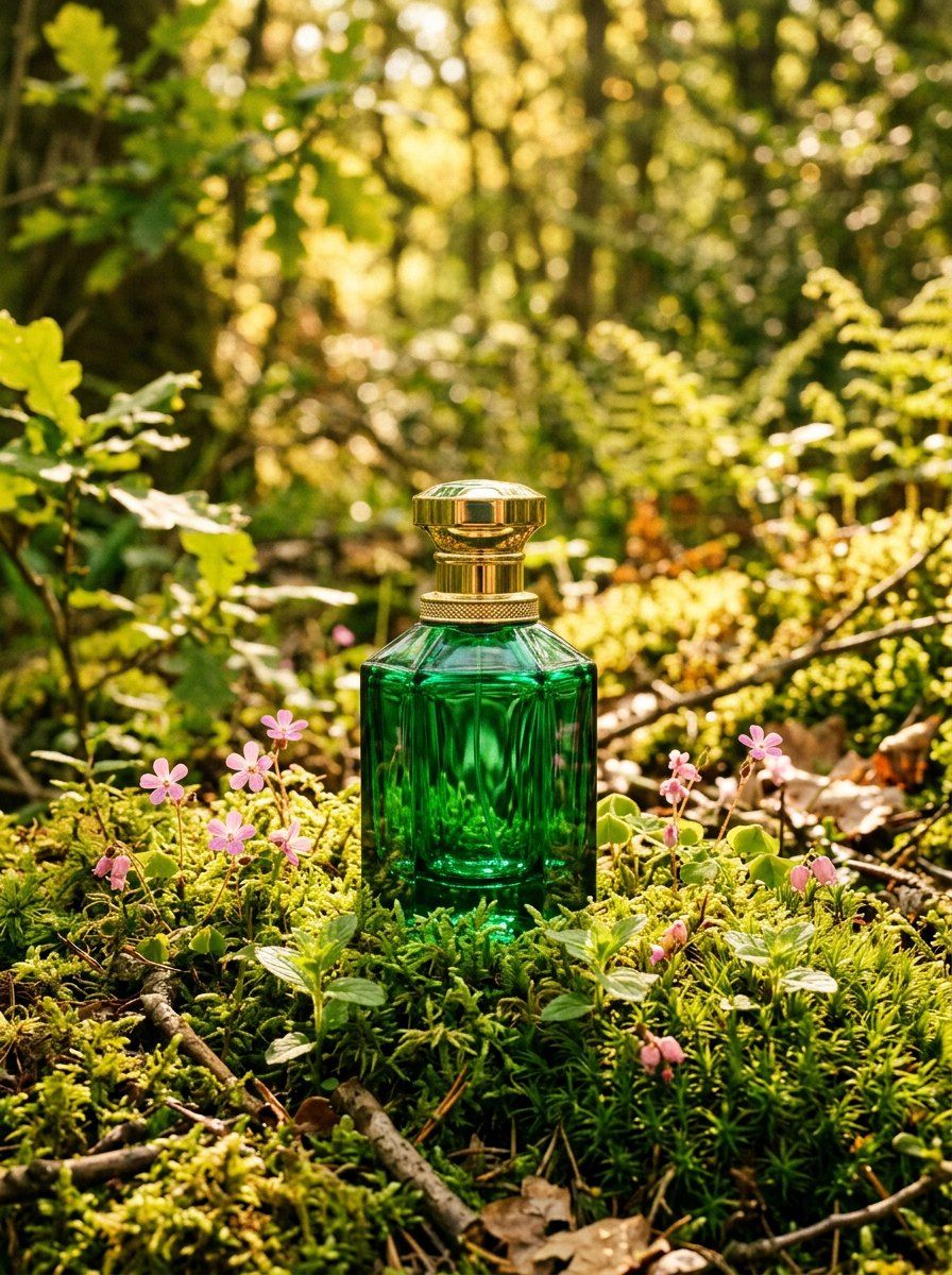Emerald Glass Perfume in Mossy Forest — Perfume AI image prompt example generated with Midjourney (botanical, luxurious)