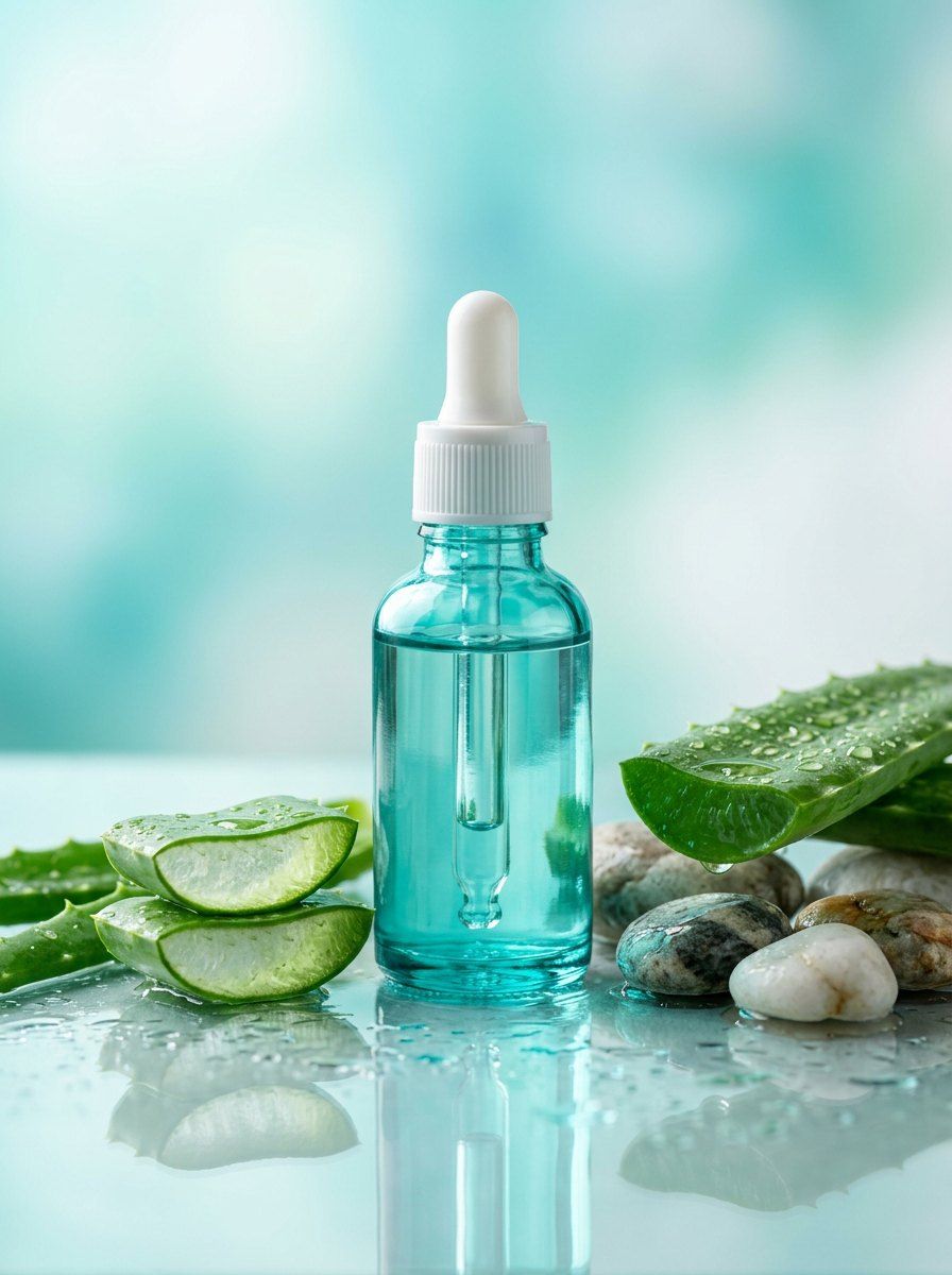 Hydrating Turquoise Serum Concept — Cosmetics AI image prompt example generated with Nano Banana (dermatological, glossy)