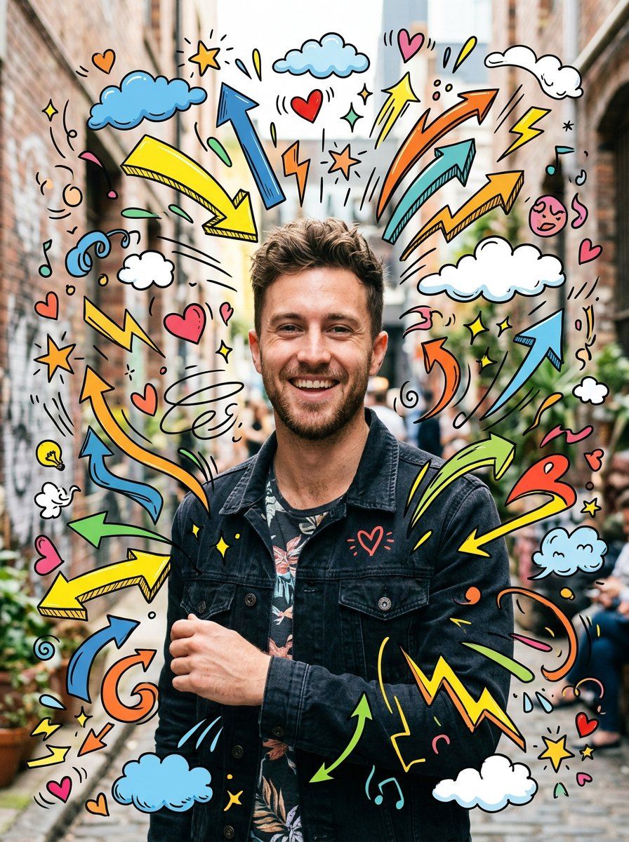 Mixed Media Doodle Overlay Portrait — Portrait AI image prompt example generated with Nano Banana (doodles, mixed media)