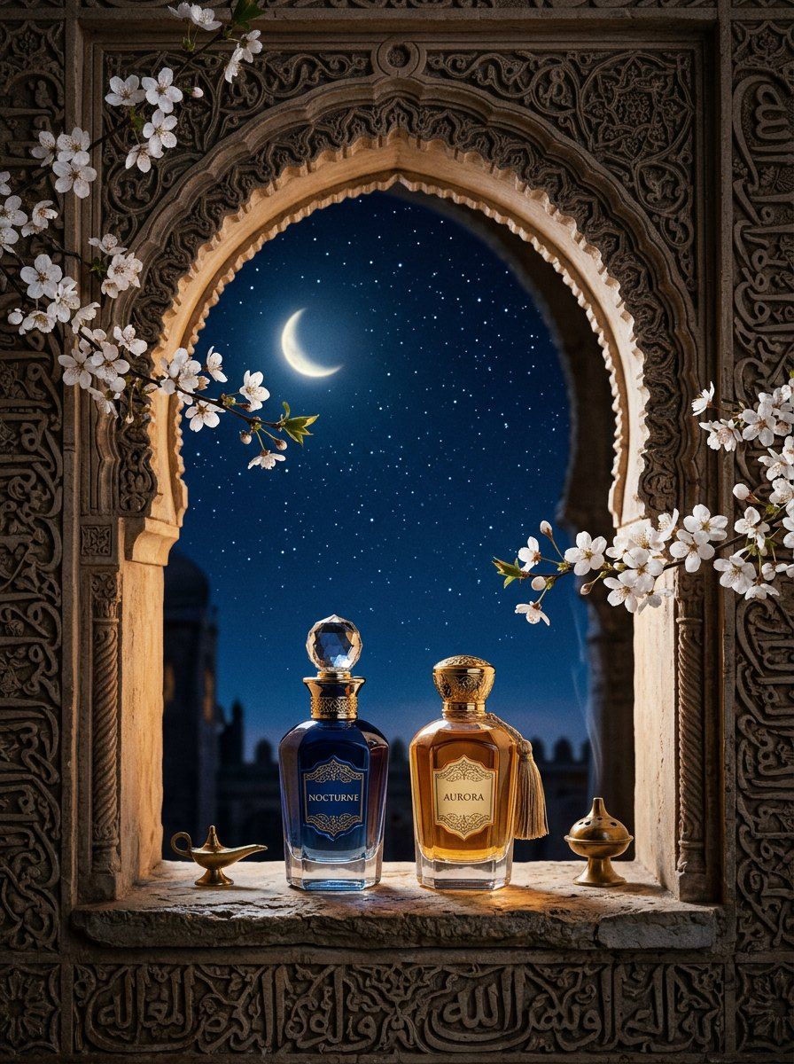 Islamic Arch Perfume Window Display — Perfume AI image prompt example generated with Midjourney (archway, moonlit)