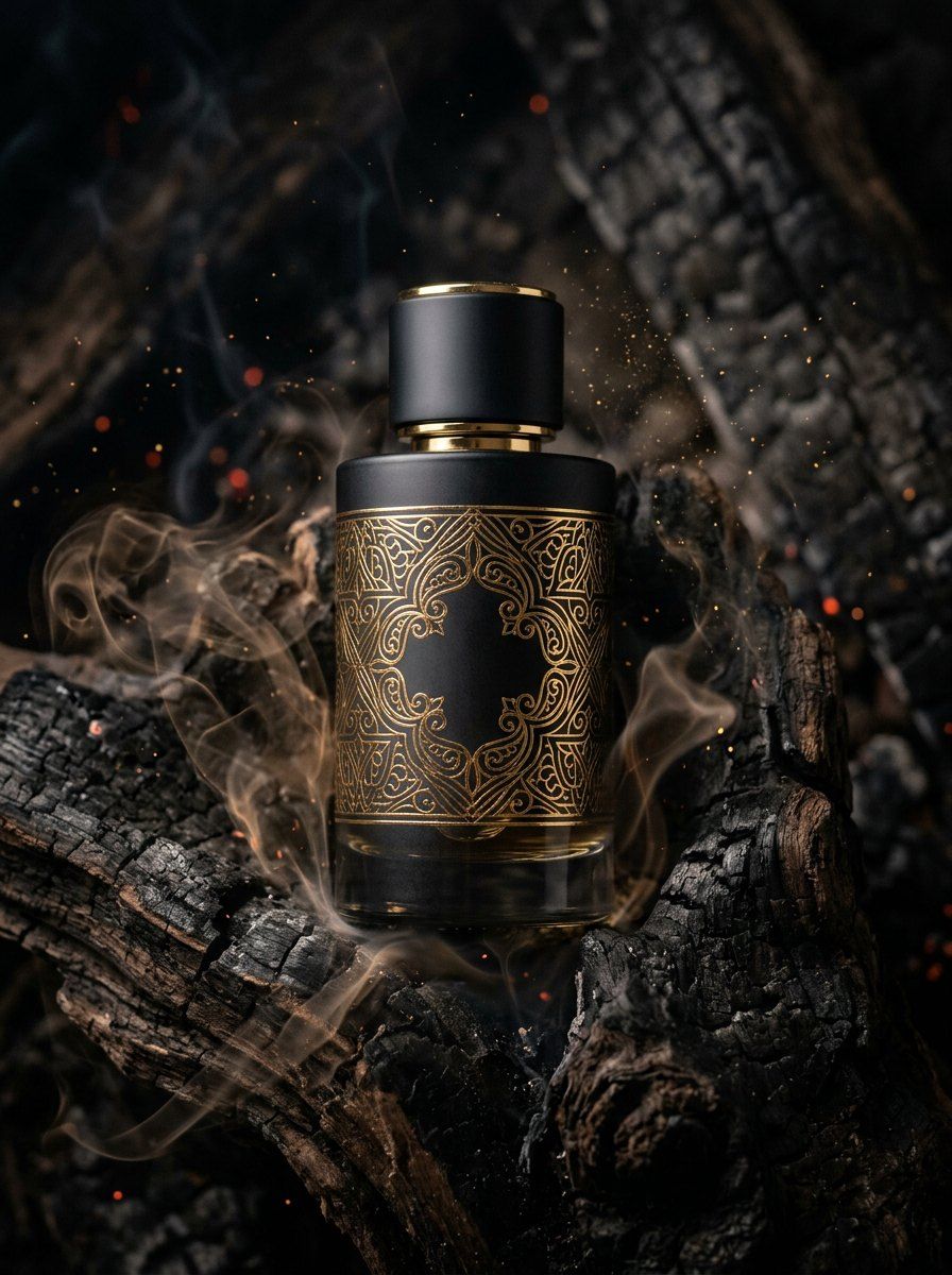 Mystical Gold and Black Perfume Display — Perfume AI image prompt example generated with Midjourney (perfume-ad, charred-driftwood)