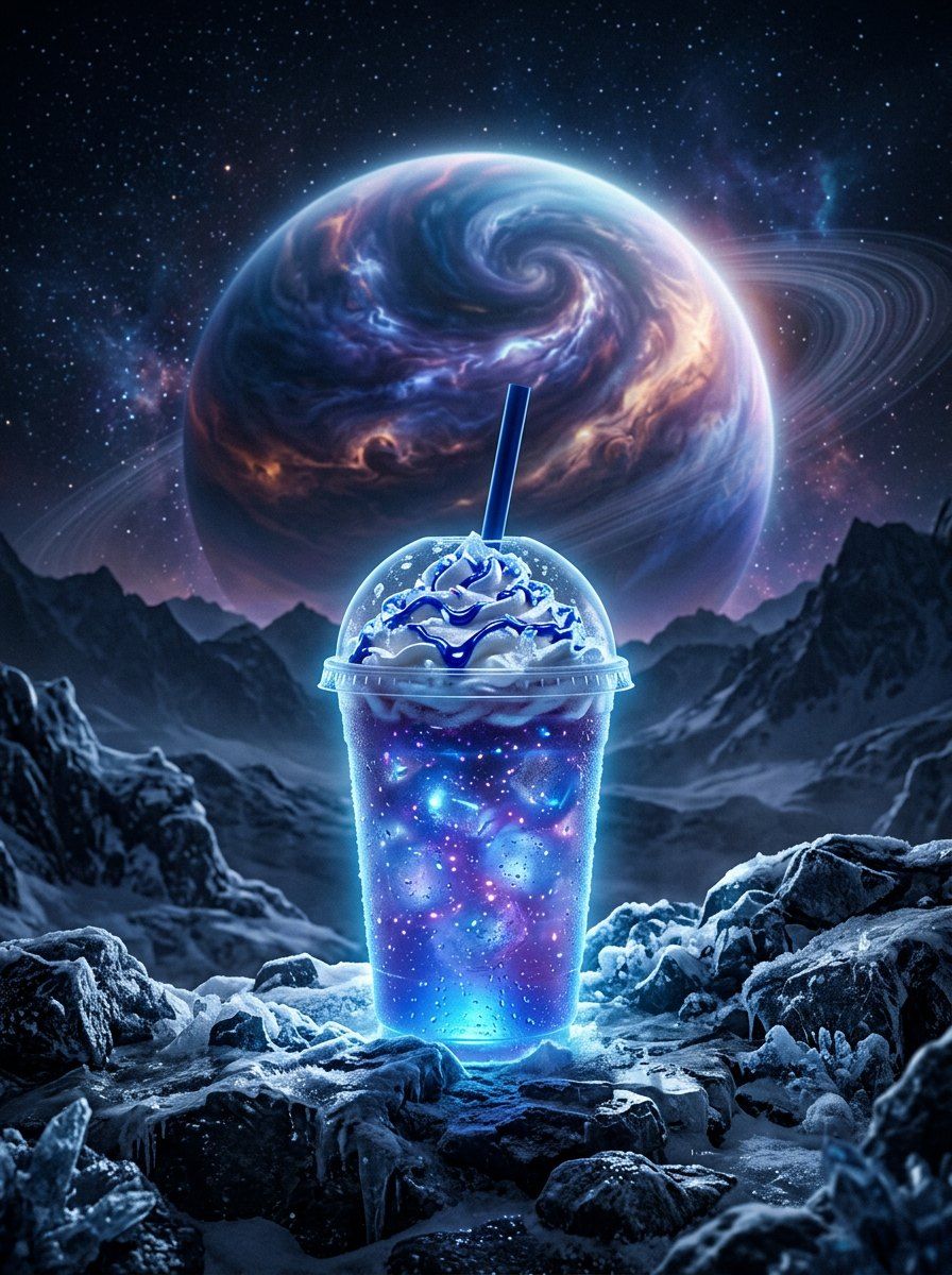Cosmic Glowing Milkshake — Food & Drink AI image prompt example generated with Midjourney (surreal, cosmic)