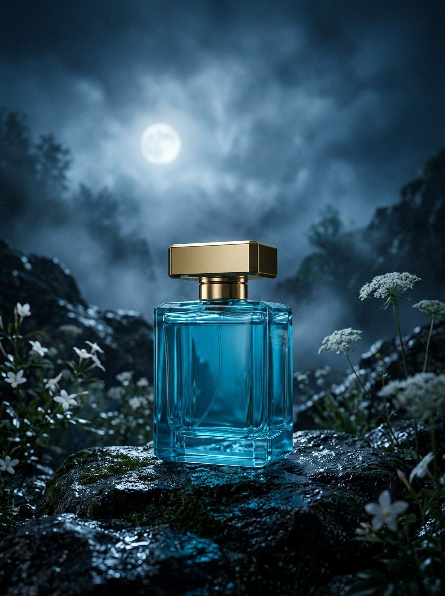 Moonlight Cyan Perfume on Wet Rock — Perfume AI image prompt example generated with Midjourney (perfume, moonlight)