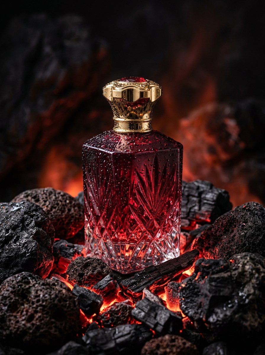 Crimson Crystal Perfume on Ember Rocks — Perfume AI image prompt example generated with Gemini (low-key, crystal)
