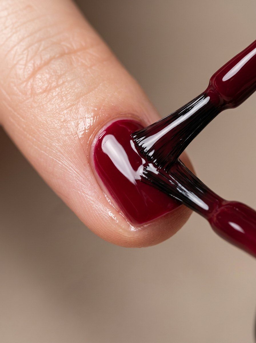 Bordeaux Polish Macro Shot — Cosmetics AI image prompt example generated with Gemini (macro, glossy)