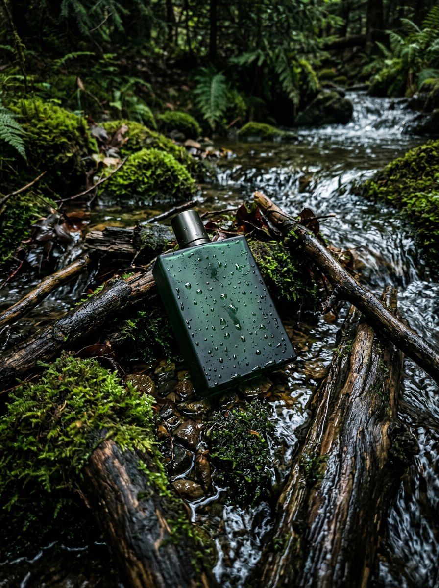 Dark Green Perfume in Forest Stream — Perfume AI image prompt example generated with Midjourney (moody, water)