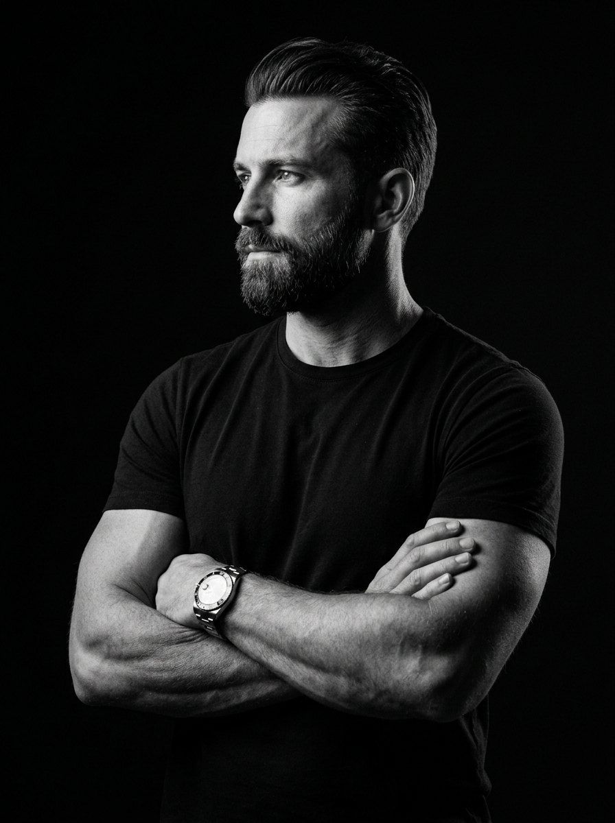 Monochrome Chiaroscuro Men Portrait — Portrait AI image prompt example generated with Midjourney (monochrome, chiaroscuro)