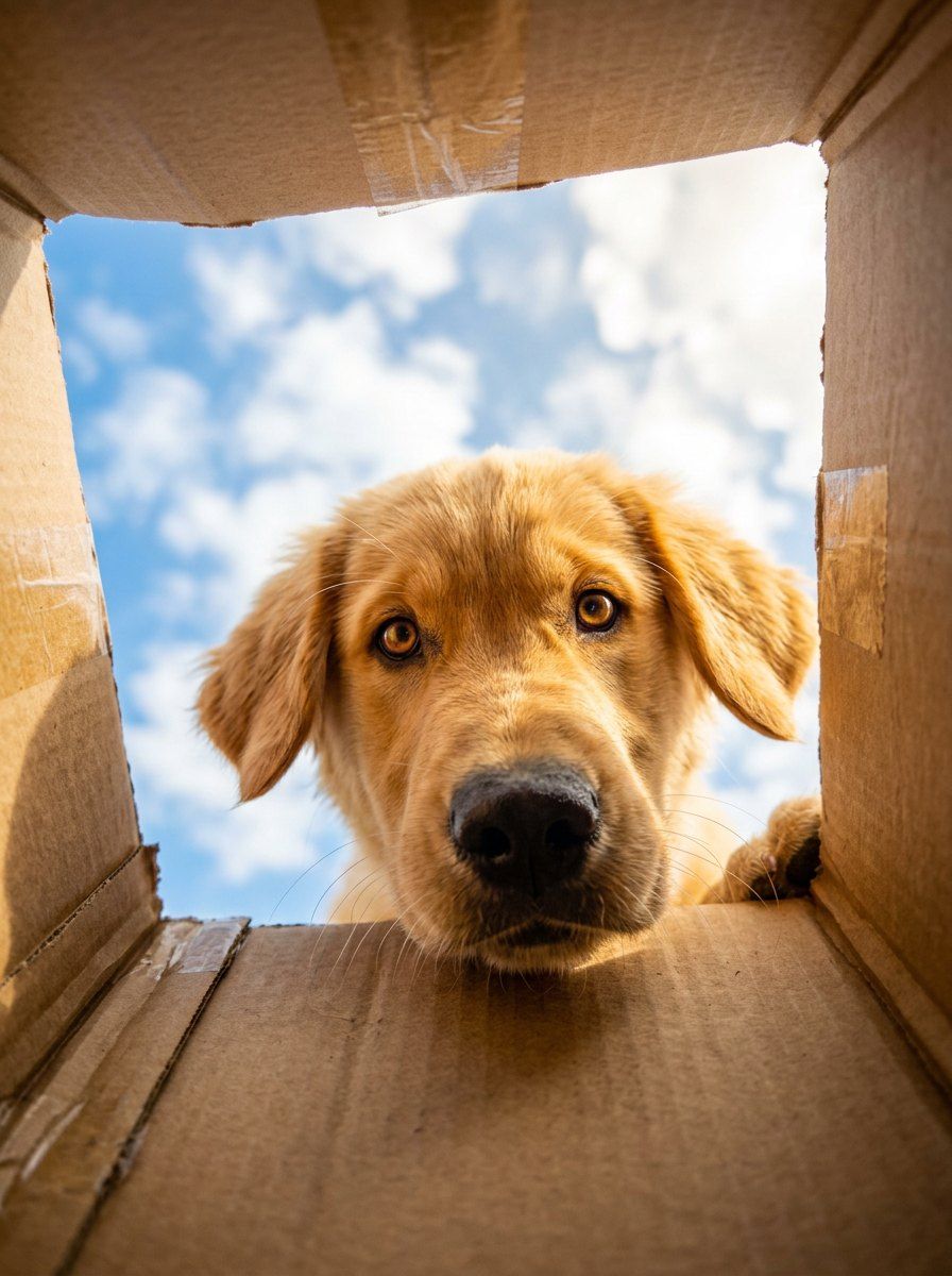 Curious Pet Inside Box Perspective — Lifestyle AI image prompt example generated with Midjourney (adorable, wide-angle)