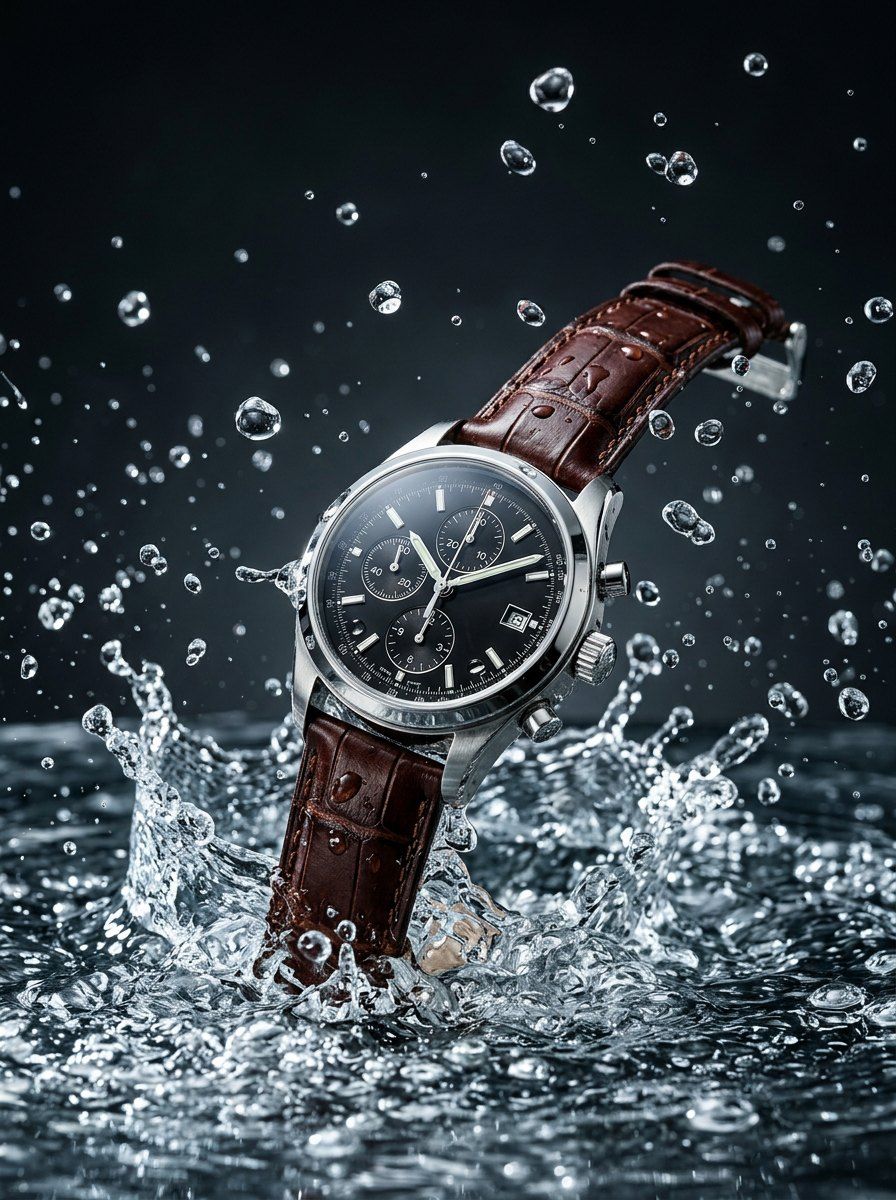 Water Splash Chronograph Watch — Product AI image prompt example generated with Gemini (action, splash)