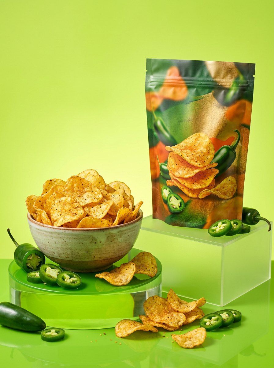 Spicy Chicken Chips Display — Packaging AI image prompt example generated with ChatGPT (packaging, vibrant)