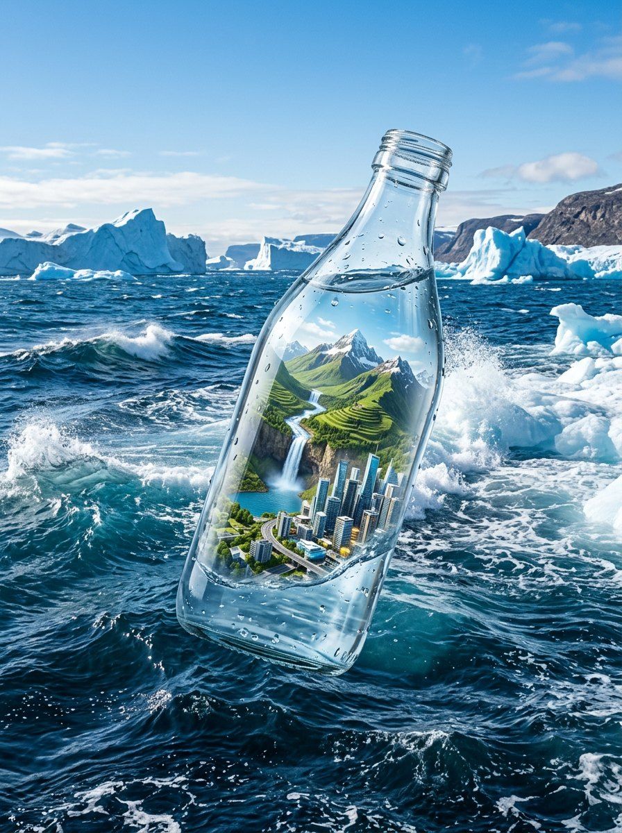 Surreal Landscape Water Bottle — Packaging AI image prompt example generated with ChatGPT (surreal, 3d render)