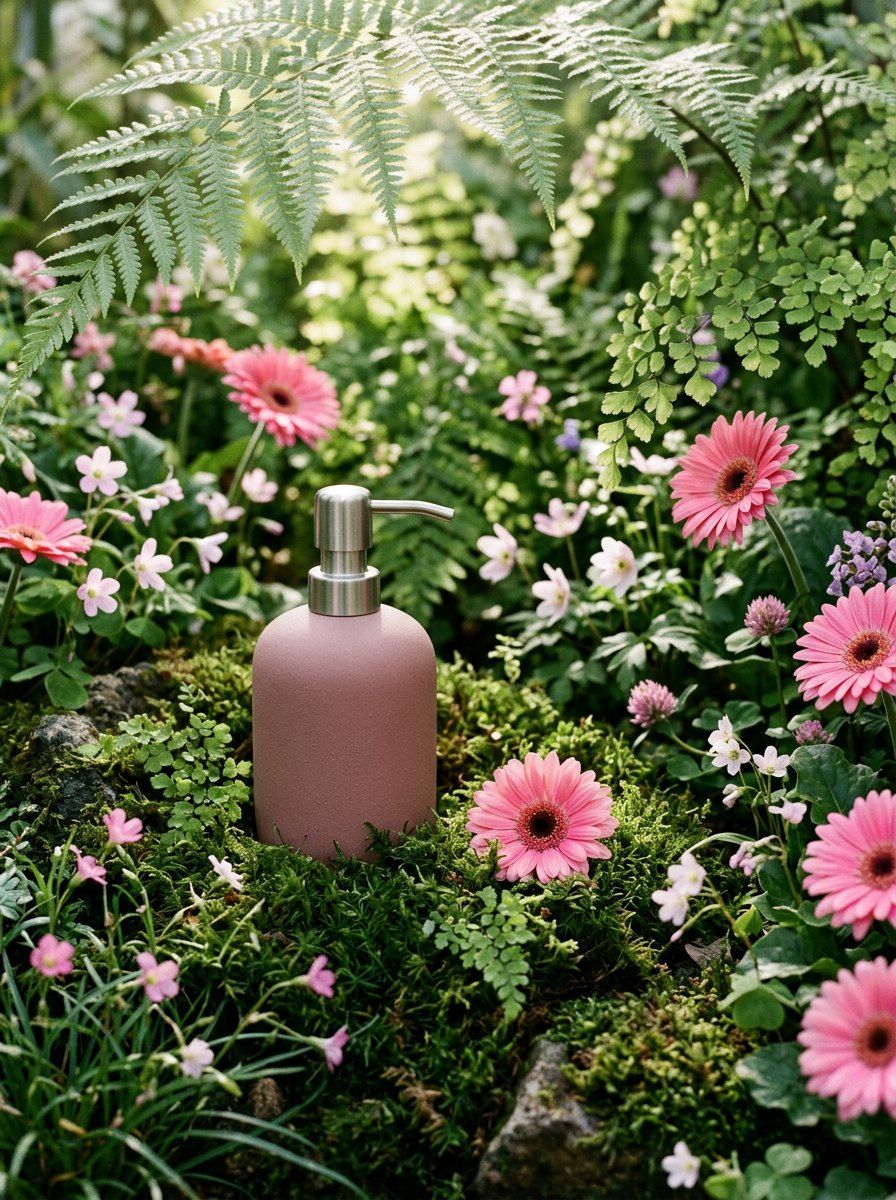 Dusty Rose Dispenser in Garden Moss — Cosmetics AI image prompt example generated with Gemini (botanical, macro)