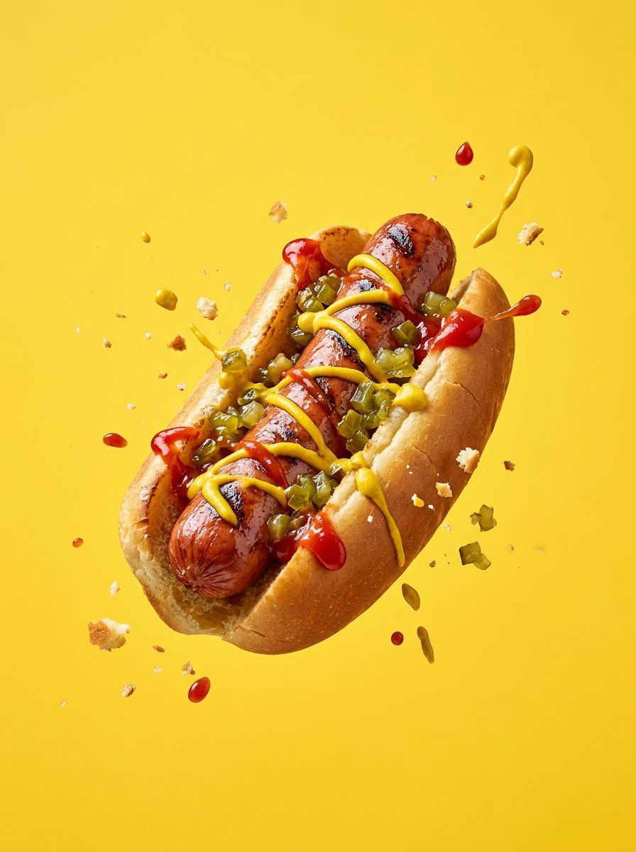Floating Gourmet Hot Dog — Food & Drink AI image prompt example generated with Gemini (floating, streetfood)