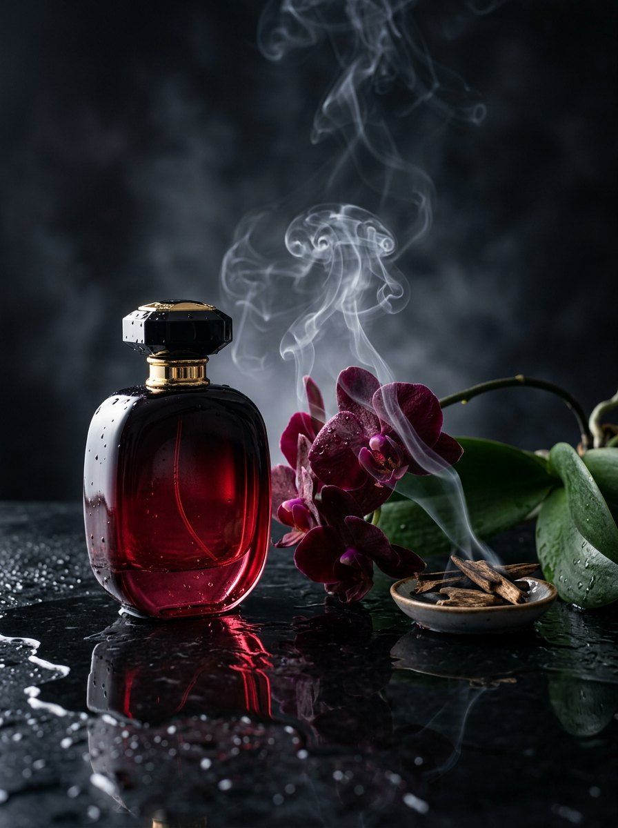 Smokey Oud Perfume Studio Shot — Perfume AI image prompt example generated with ChatGPT (smoke, gradient-glass)