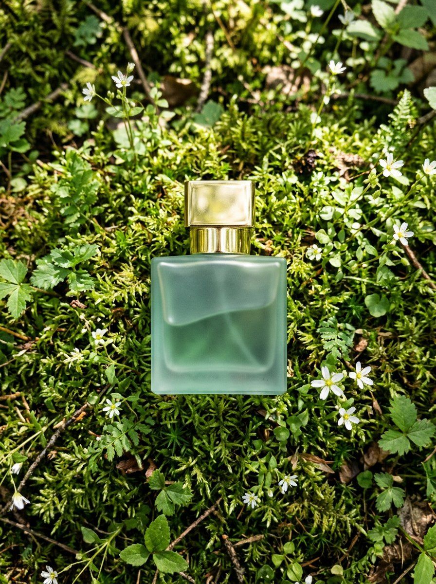 Frosted Seafoam Perfume in Moss — Perfume AI image prompt example generated with Midjourney (macro, botanical)