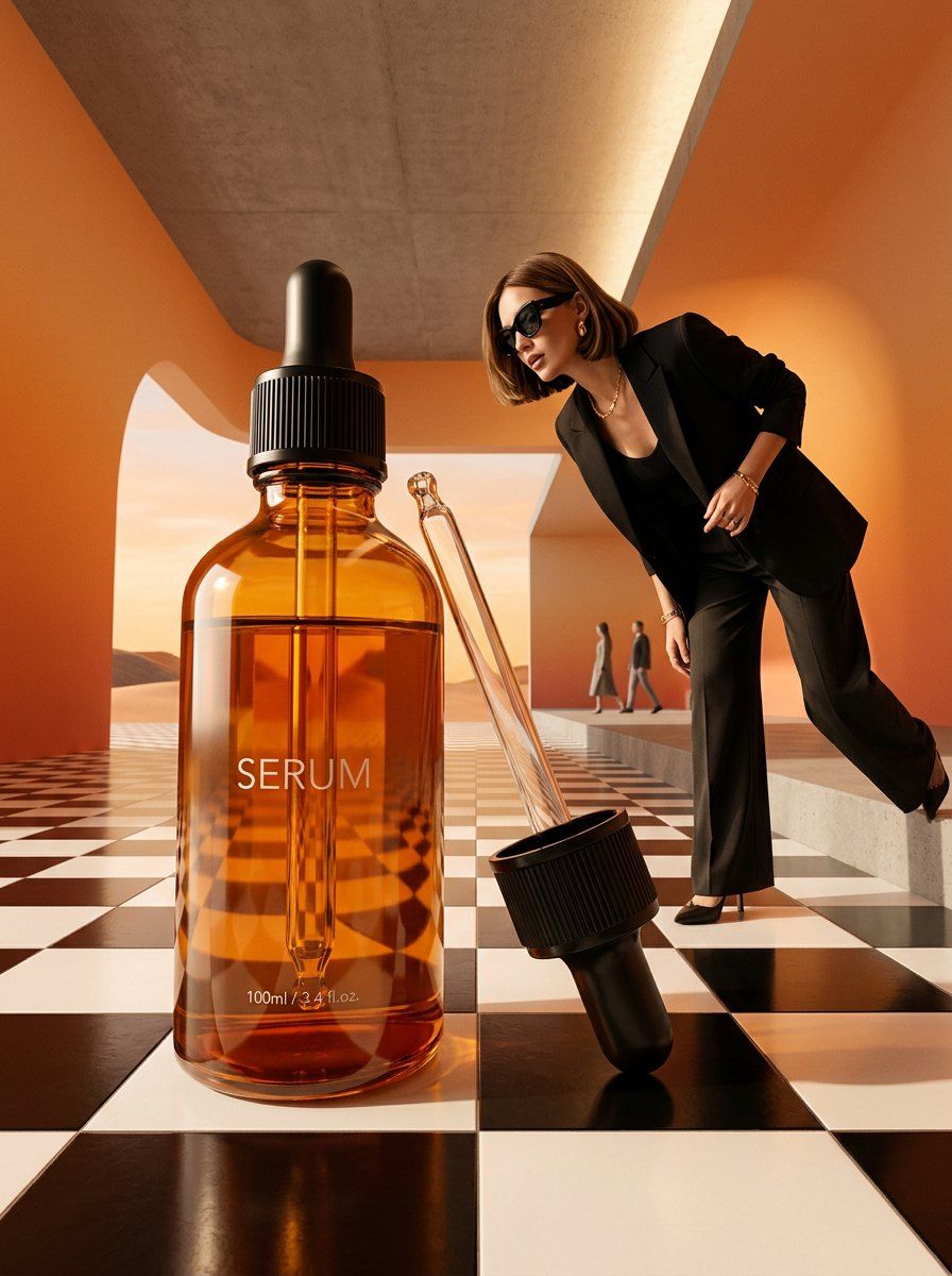 Surreal Orange Cosmetic Serum Ad — Cosmetics AI image prompt example generated with Nano Banana (surreal, forced perspective)