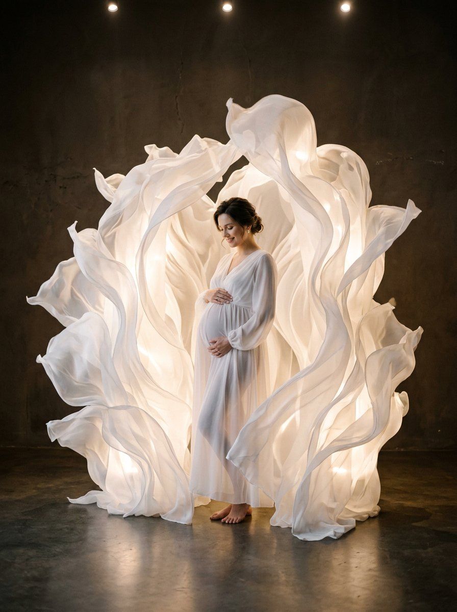 Fine Art Flowing Fabric Maternity Portrait — Portrait AI image prompt example generated with Nano Banana (maternity portrait, fine art)