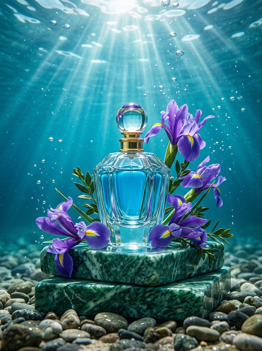 Underwater Perfume on Emerald Marble — Perfume AI image prompt example generated with Gemini (perfume, underwater)