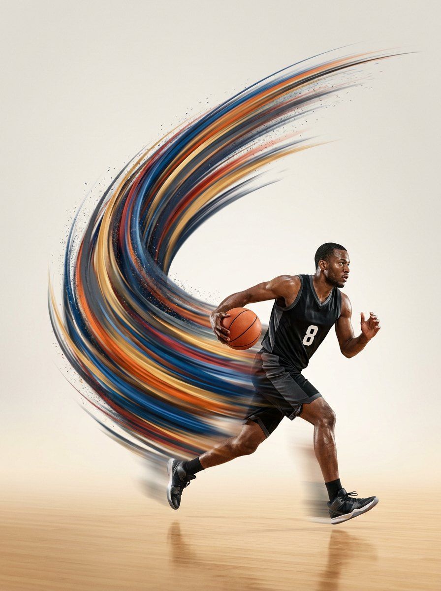 Basketball Athlete Motion Plume Art — Lifestyle AI image prompt example generated with Midjourney (sports, motion plume)